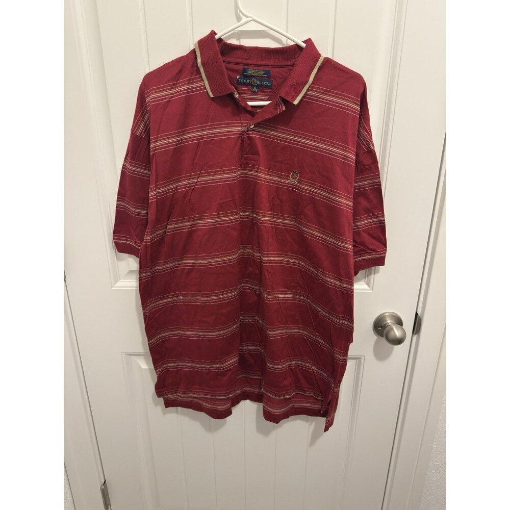 Tommy Hilfiger Men’s Burgundy/Tan Striped‎ Polo Size XL
